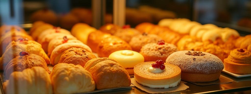 Assortiment de pâtisseries fraîches dans la vitrine du café.