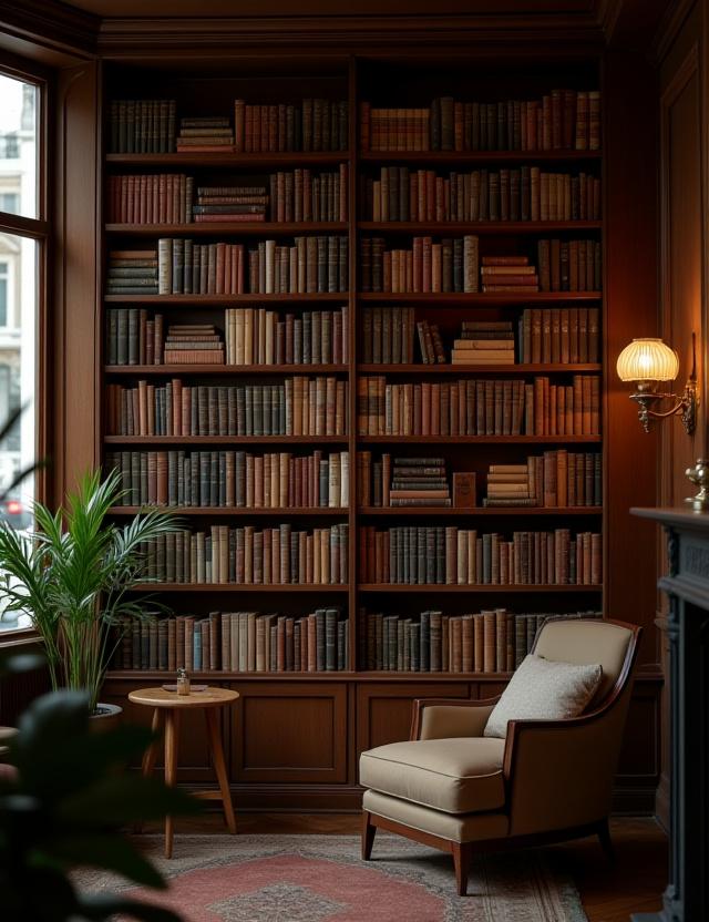 Bibliothèque remplie de livres dans une cafeteria parisienne